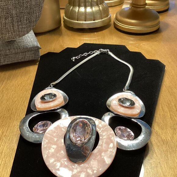 Statement Silvertone and Pink Large Necklace - Picture 5 of 7